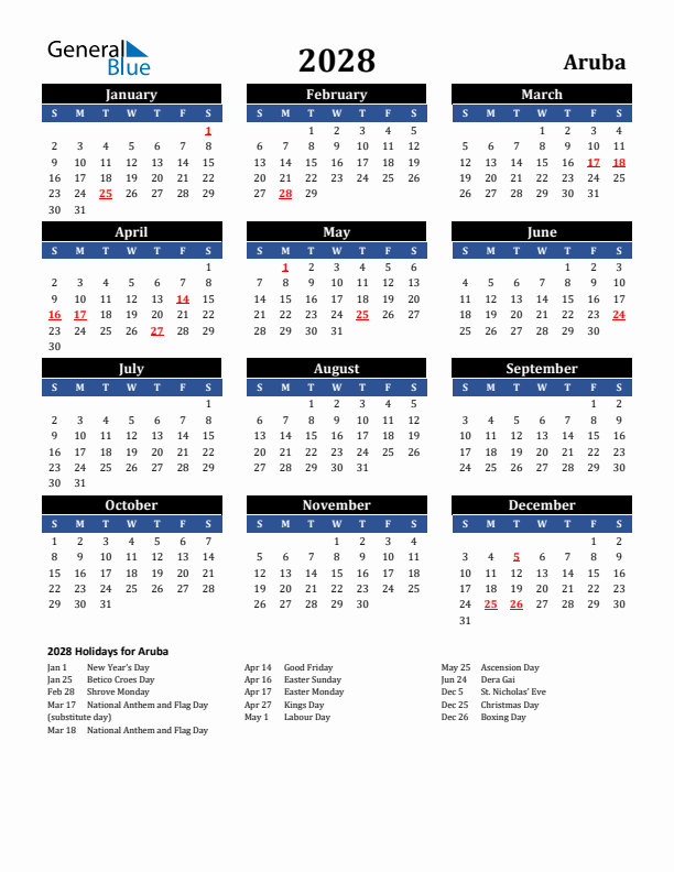 2028 Aruba Holiday Calendar