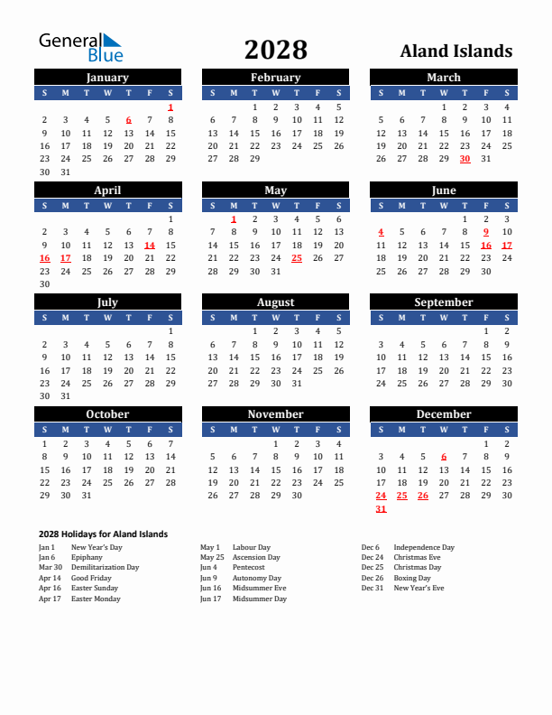 2028 Aland Islands Holiday Calendar
