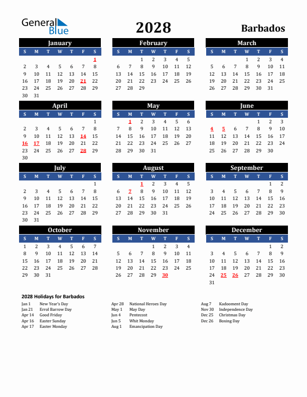 2028 Barbados Holiday Calendar
