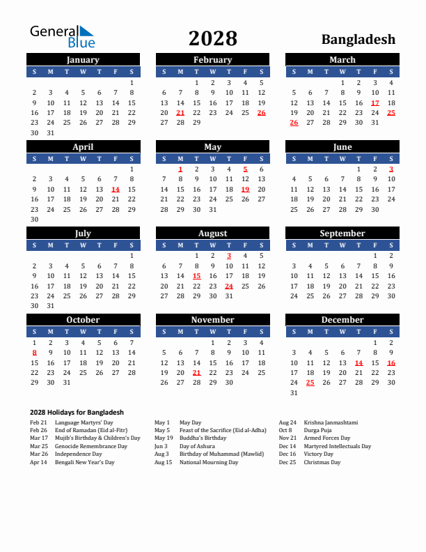 2028 Bangladesh Holiday Calendar