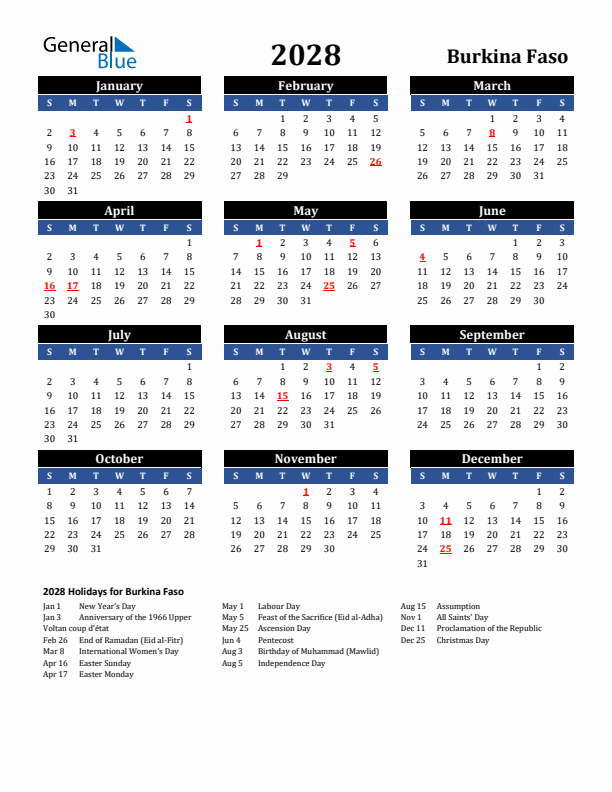 2028 Burkina Faso Holiday Calendar