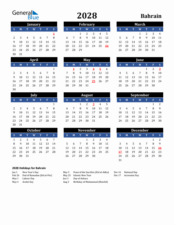 2028 Bahrain Holiday Calendar