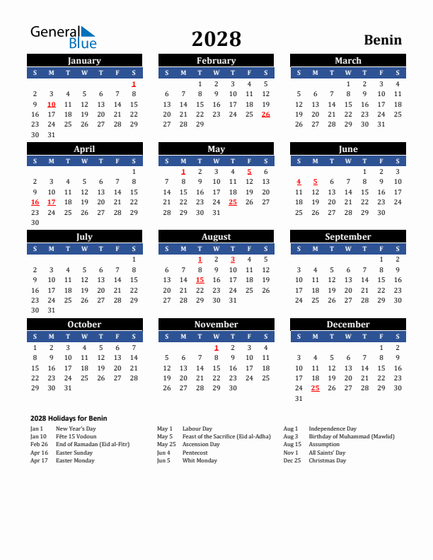 2028 Benin Holiday Calendar