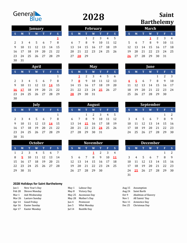 2028 Saint Barthelemy Holiday Calendar