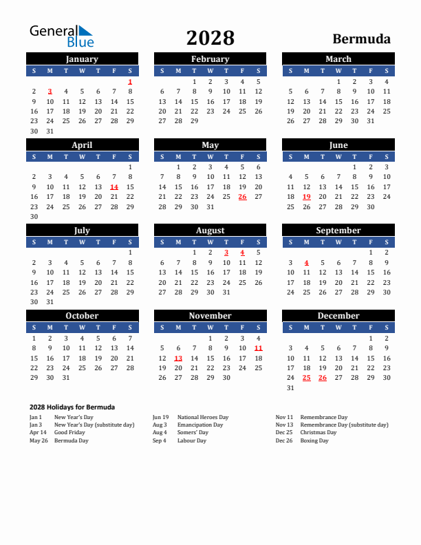 2028 Bermuda Holiday Calendar