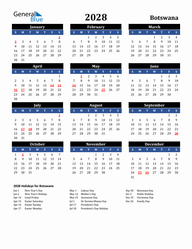 2028 Botswana Holiday Calendar