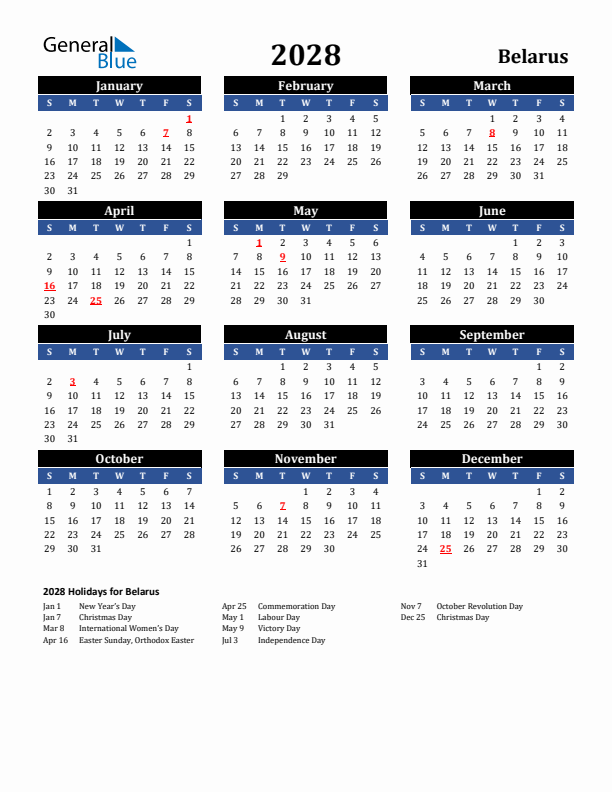2028 Belarus Holiday Calendar