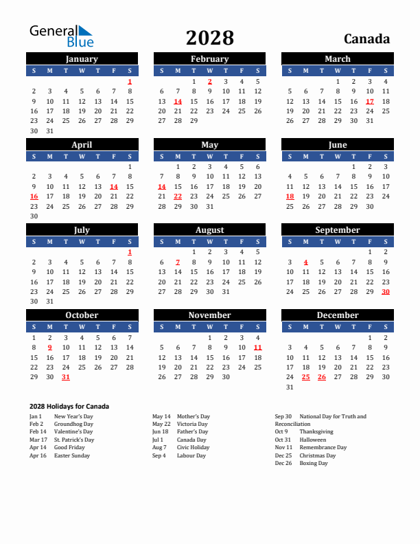 2028 Canada Holiday Calendar