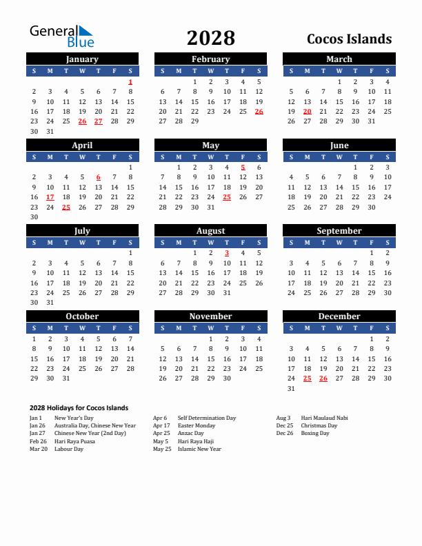 2028 Cocos Islands Holiday Calendar