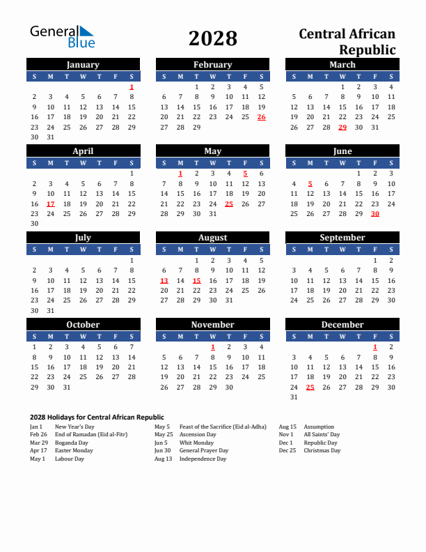 2028 Central African Republic Holiday Calendar