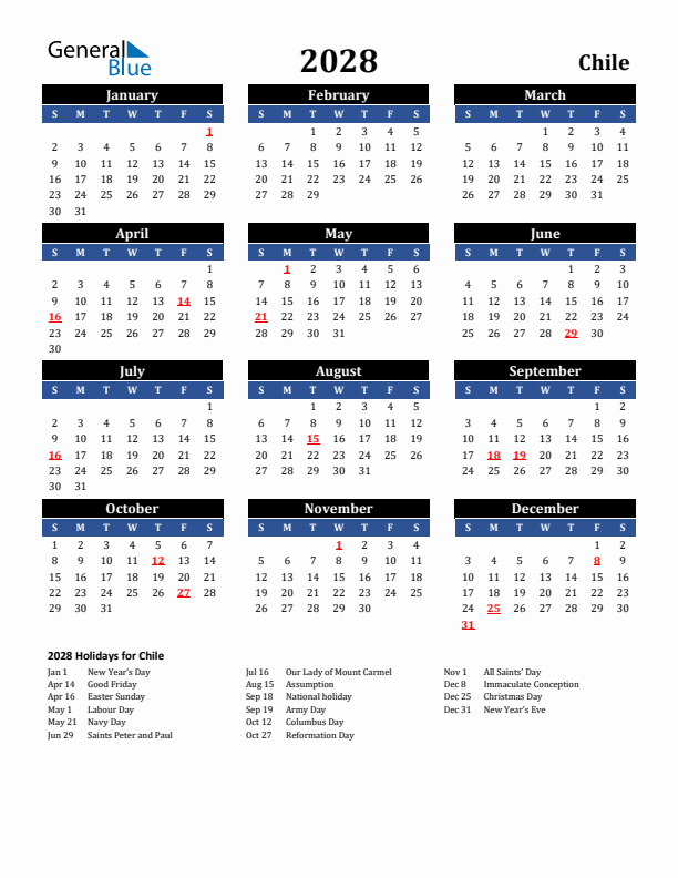 2028 Chile Holiday Calendar