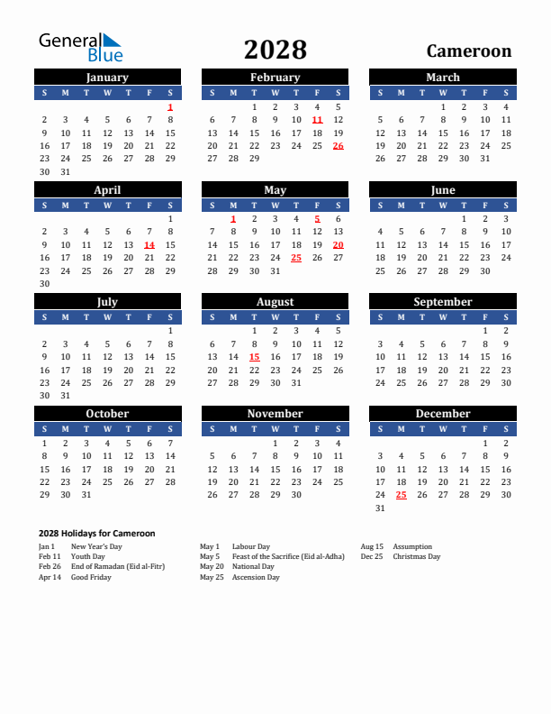 2028 Cameroon Holiday Calendar
