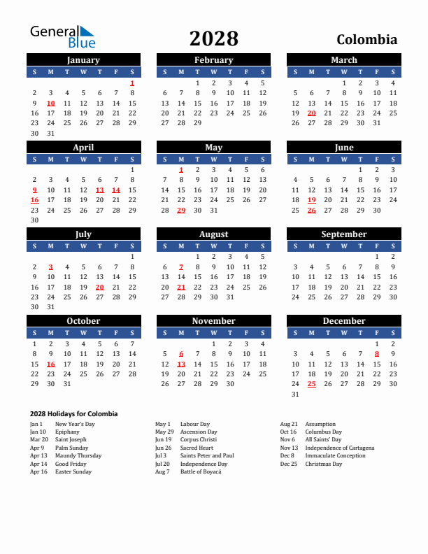 2028 Colombia Holiday Calendar