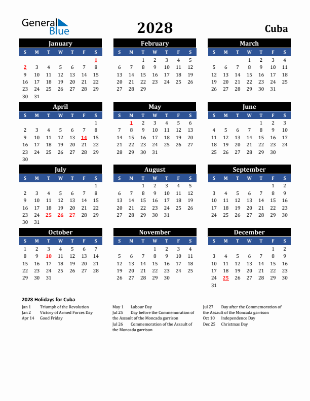 2028 Cuba Holiday Calendar