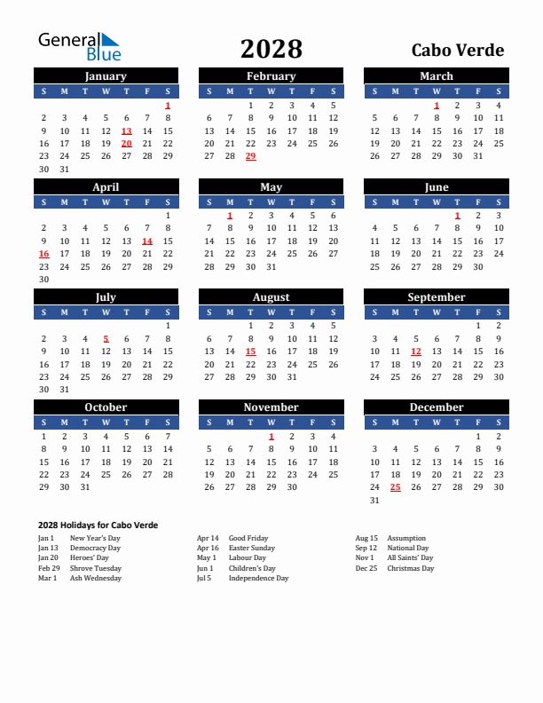 2028 Cabo Verde Holiday Calendar