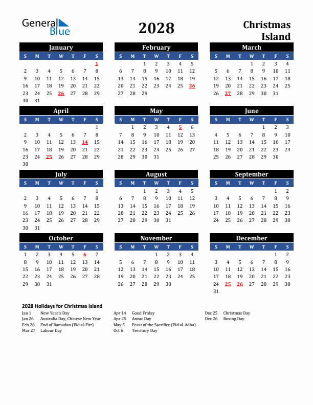 2028 Christmas Island Holiday Calendar
