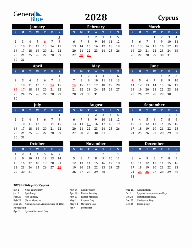 2028 Cyprus Holiday Calendar