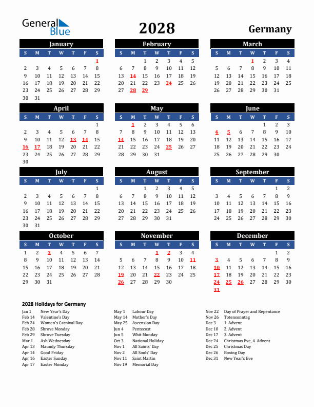 2028 Germany Holiday Calendar