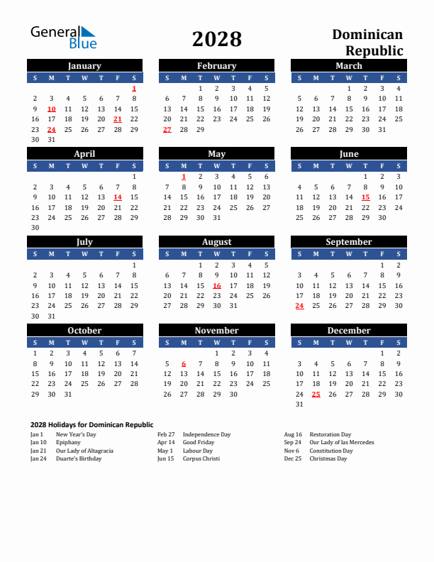2028 Dominican Republic Holiday Calendar