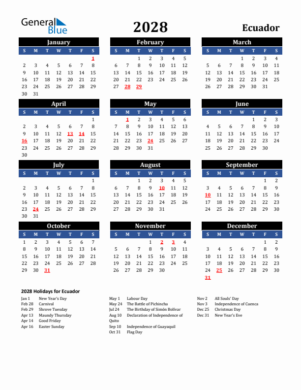 2028 Ecuador Holiday Calendar