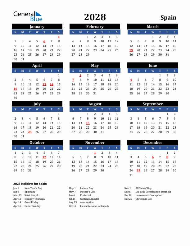 2028 Spain Holiday Calendar