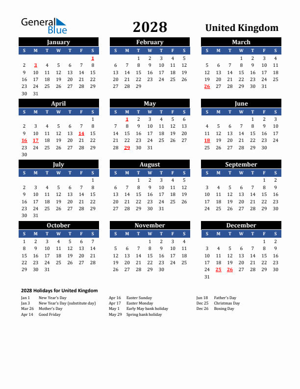2028 United Kingdom Holiday Calendar