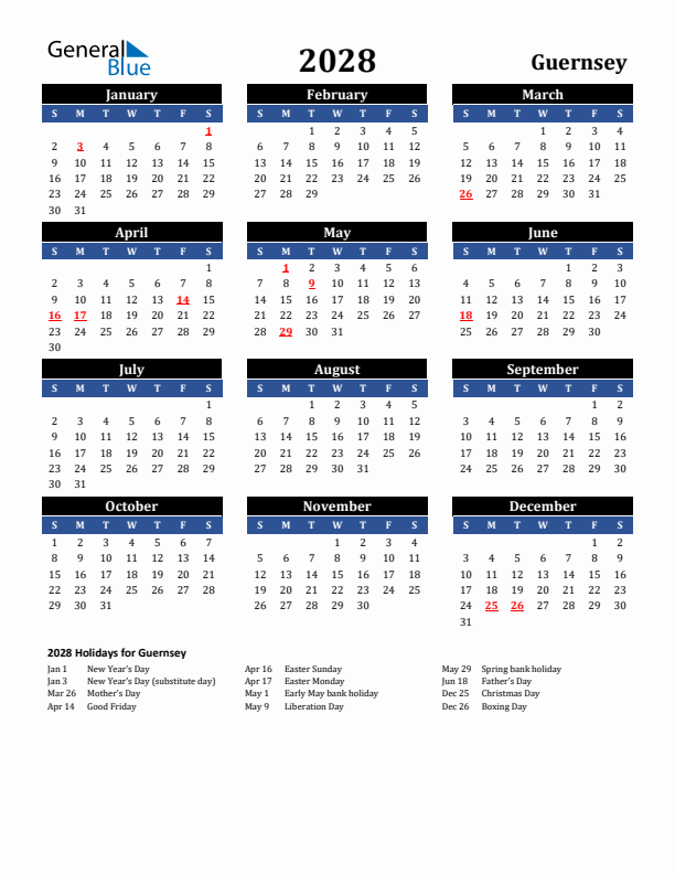 2028 Guernsey Holiday Calendar