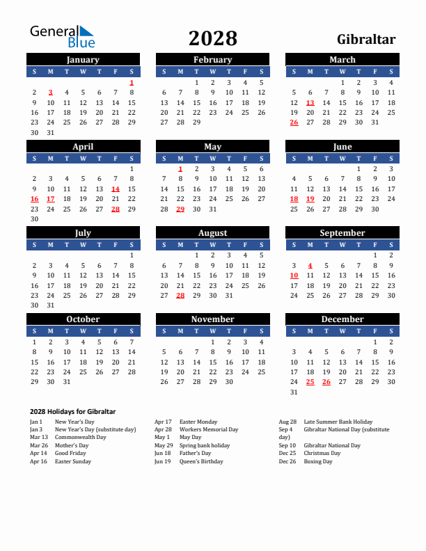 2028 Gibraltar Holiday Calendar