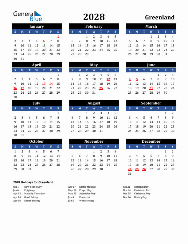 2028 Greenland Holiday Calendar