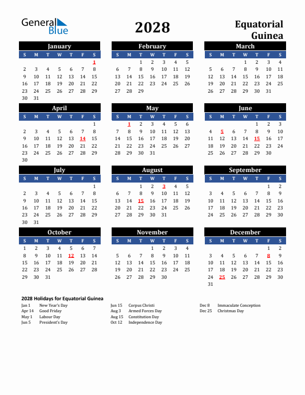 2028 Equatorial Guinea Holiday Calendar