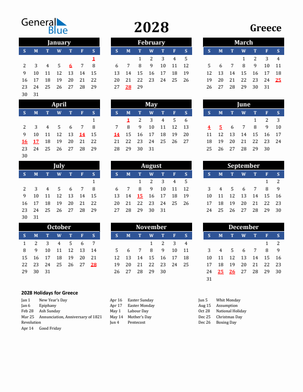 2028 Greece Holiday Calendar