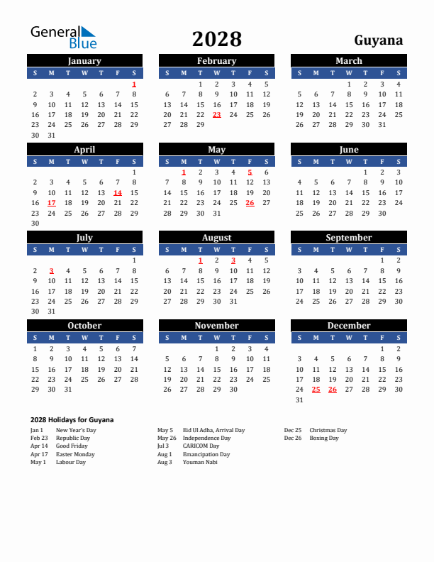 2028 Guyana Holiday Calendar