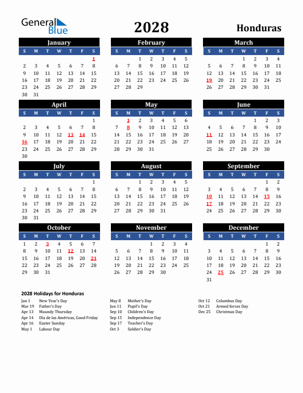 2028 Honduras Holiday Calendar