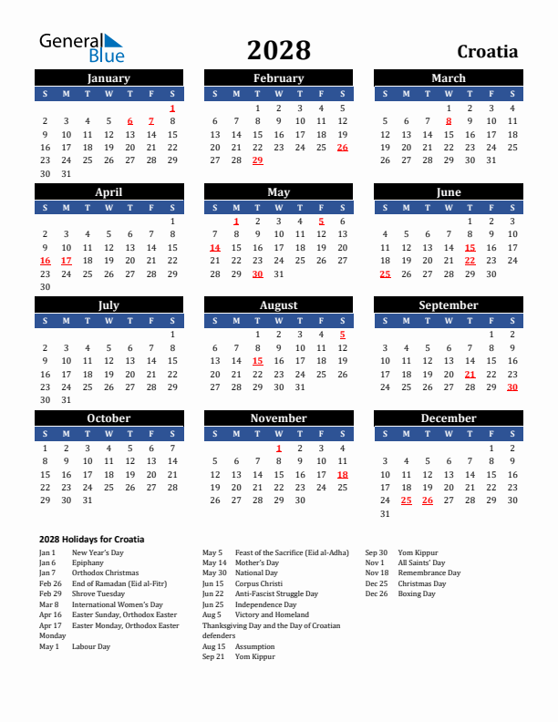 2028 Croatia Holiday Calendar