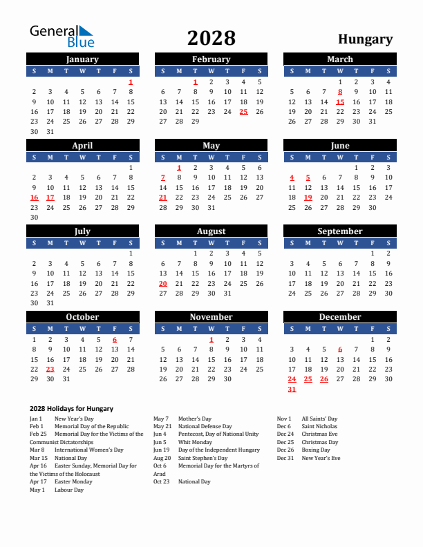 2028 Hungary Holiday Calendar