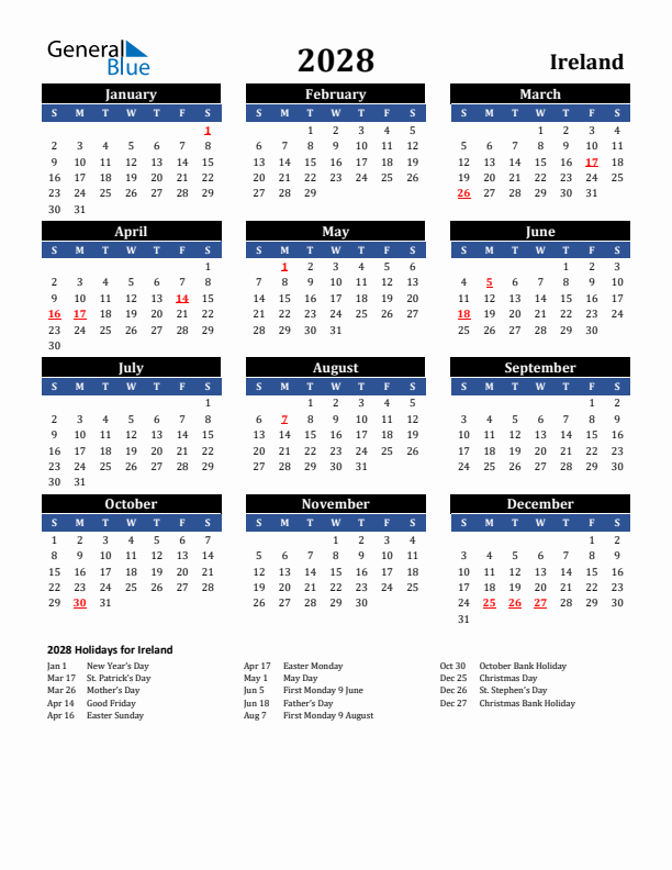 2028 Ireland Holiday Calendar