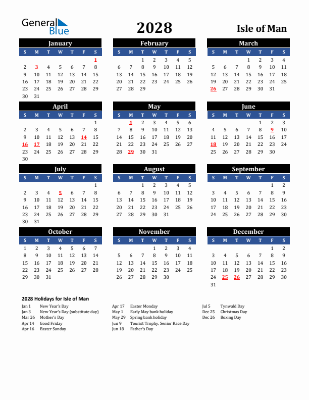 2028 Isle of Man Holiday Calendar