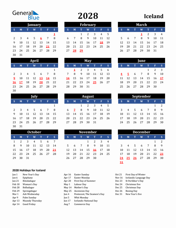 2028 Iceland Holiday Calendar