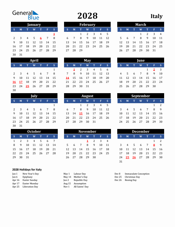 2028 Italy Holiday Calendar