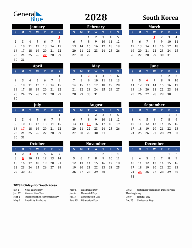 2028 South Korea Holiday Calendar