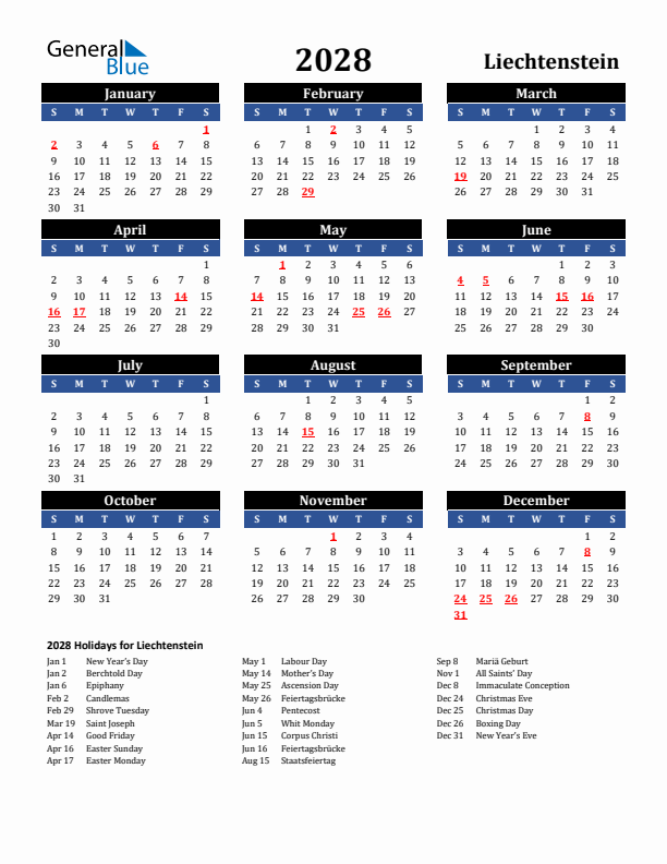 2028 Liechtenstein Holiday Calendar