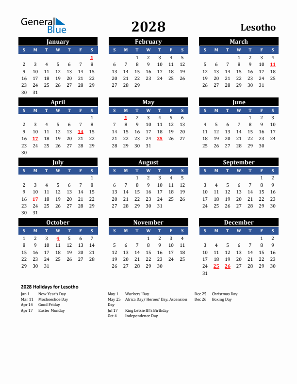 2028 Lesotho Holiday Calendar