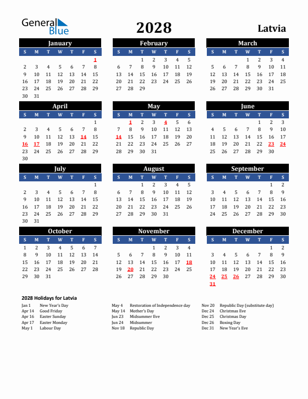 2028 Latvia Holiday Calendar