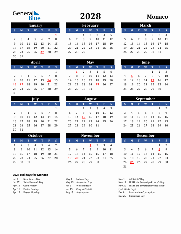 2028 Monaco Holiday Calendar