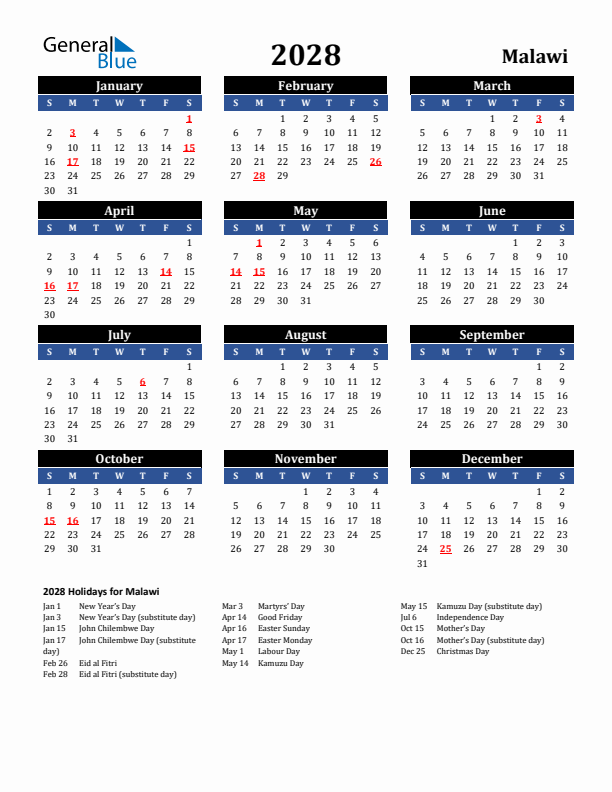 2028 Malawi Holiday Calendar