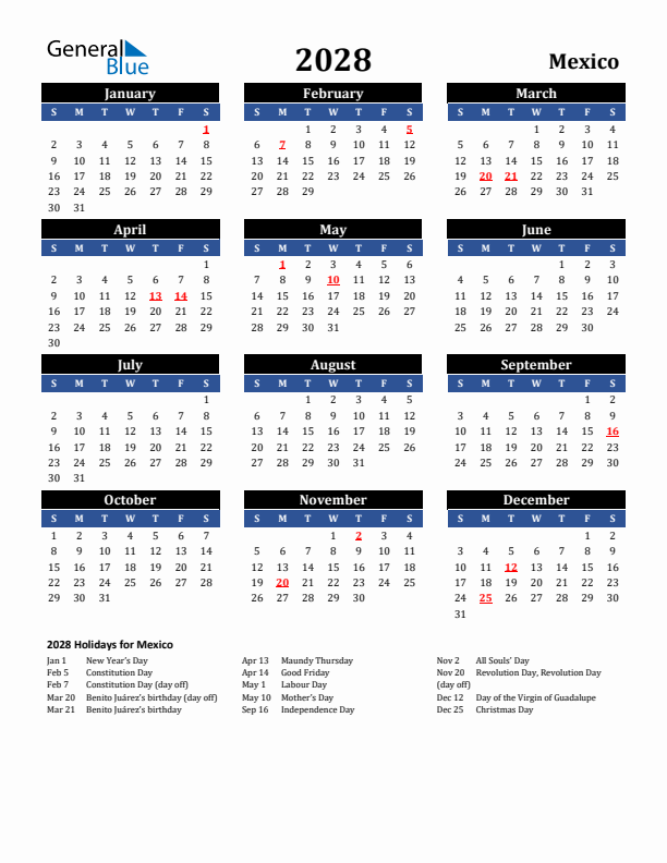 2028 Mexico Holiday Calendar