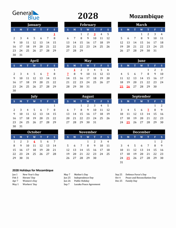 2028 Mozambique Holiday Calendar
