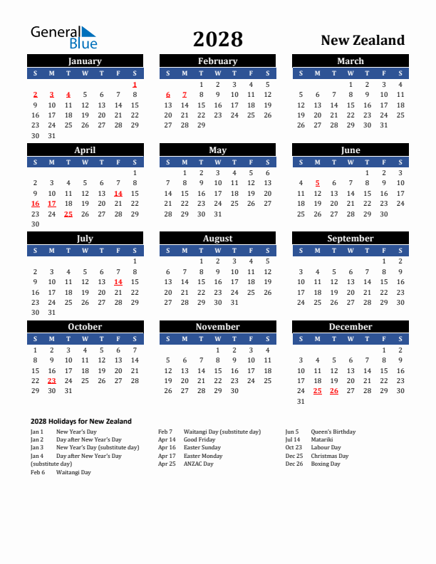 2028 New Zealand Holiday Calendar