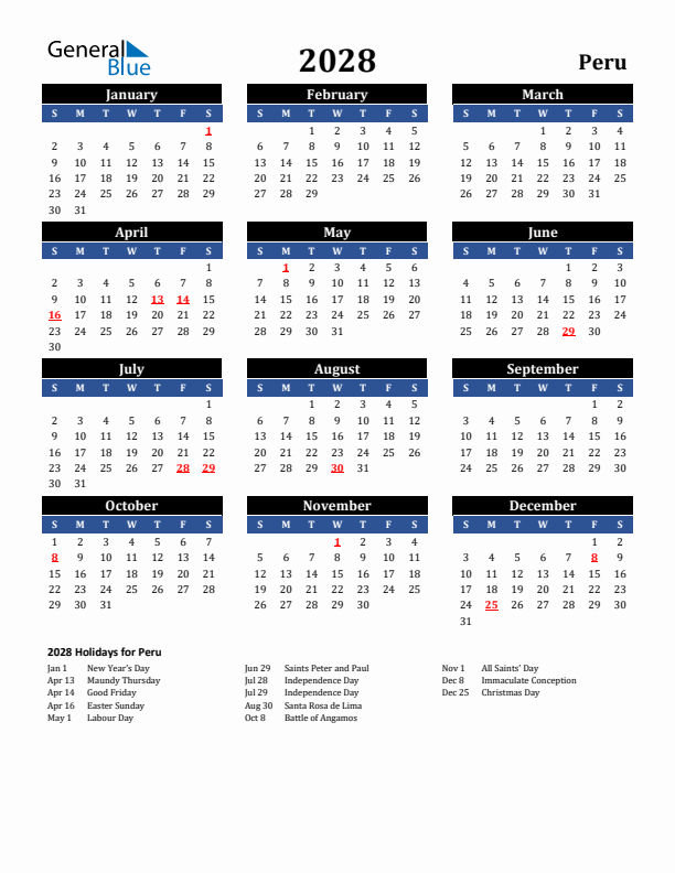 2028 Peru Holiday Calendar