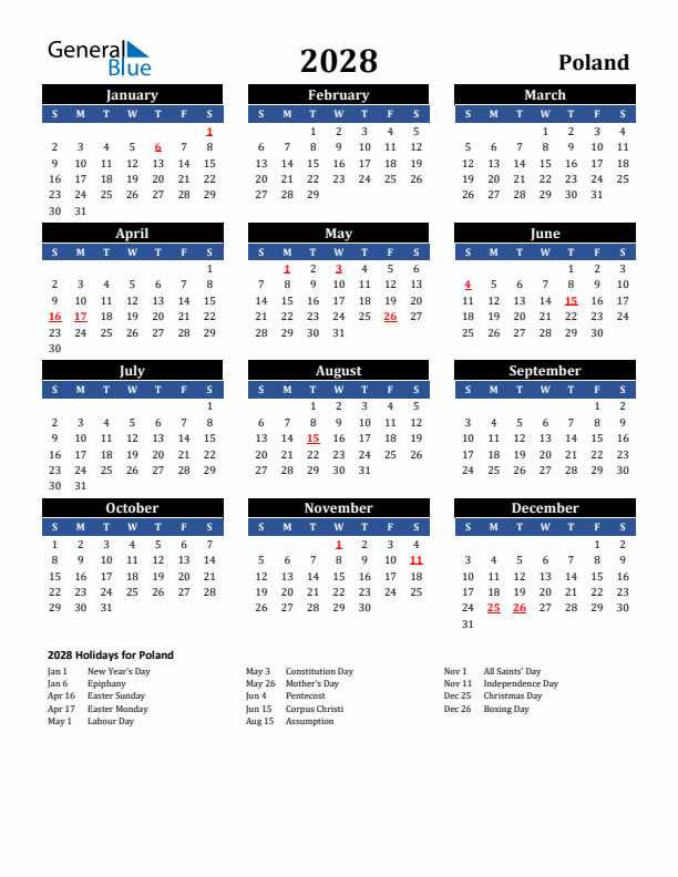 2028 Poland Holiday Calendar